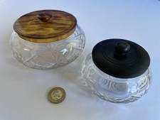 Vintage Art Deco Cut Glass Vanity Table Jar Ebony Faux Tortoise Shell Lid 1930s