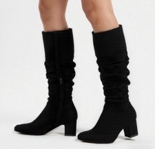 NEW SEASON  ON TREND ROUCHE BLACK FAUX SUEDE KNEE BOOT INSIDE ZIP LOW HEEL