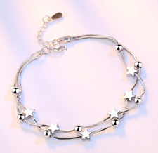 925 Sterling Silver Double Layer Star Linked Charm Bracelet Women Jewellery Gift
