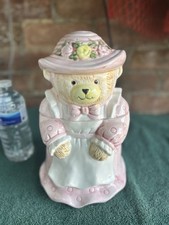 Vintage Ceramic Cookie Jar. Bear In A Pink Hat&Dress. 6“ X 6“ X 10 1/2“ 1990’s