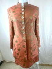 Patsy Seddon Silk Dress & Jacket Vintage Set Salmon Gold Embroidery