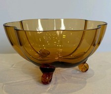 Vintage Art deco amber yellow glass trifle dish bowl flower design 1930s 