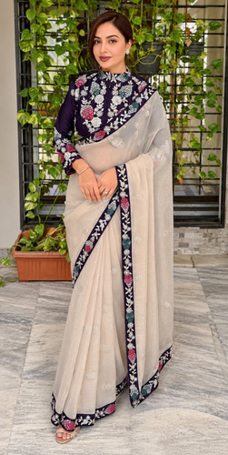 Women cream saree with purple - with,