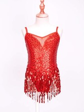 UK Kids Girl's Sequined Tango Latin Dance Tassel Dress Samba Dance Leotard Dress