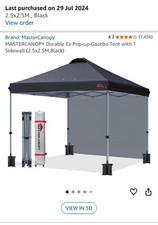 MASTERCANOPY Durable Ez Pop-up Gazebo Tent with 1 Sidewall 2.5m Black New  Box