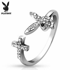 Multi Paved Gem Crystal PLAYBOY Ring Cross Adjustable Bunny Ring Silver BOXED