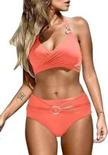 Women’s Halterneck Bikini Set High Waisted Two Piece Swimsuit Padded Coral Sz S