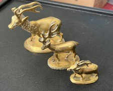 A Trio Of Brass Stags Deers On Bases, Largest 10x11cm