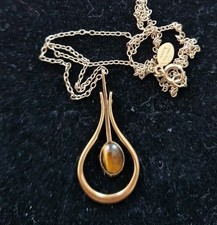 Vintage Avon Gold Metal Tiger Eye Pendulum Door Knocker Pendant Necklace