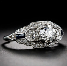 Art Deco Lab Created Diamond Three-Stone 14K White Gold Finish Gift Wedding Ring