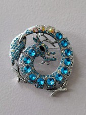 Large BLUE Dragon Rhinestone silver tone Costume Brooch Pin Jewellery