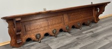 French Vintage Coat Rack Oak 5 Brass Hooks Wall Shelf Hanger LOT 4221