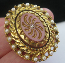 Vintage Sphinx Victorian Revival Brooch Gold Tone, Pink etched glass, seed pearl
