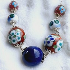 Vintage Cloisonné Necklace Hand Painted LARGE Beads Silvered Caps 16" - 20"