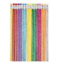 Glitter Sparkling Pencils Unsharpened HB 16 Barrel Colours Eraser Top 16 Pack