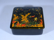 Vintage Russian Lacquer Trinket Box Farming Scene Hand Painted 10cm x 10cm