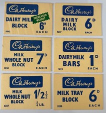 6 X CADBURY'S CHOCOLATE Sweet Shop Display Cards DAIRY MILK TRAY BLOCK BARS