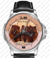 Chow Chow Puppies Black Leather Strap Watch