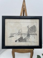 1920s Paris Ink Drawing Signed Drawing River Seine Art Deco Framed Landscape