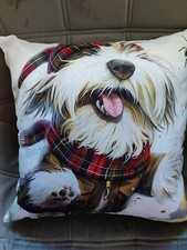 Bearded Collie happy dog tartan design cushion cover,45x45cm.polyester