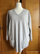 M&S Pure Cashmere Long Jumper/Tunic Size 22 Silver Grey V Neck Pockets Rib *Flaw