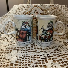 Pair Of Dunoon Stoneware Christmas Mugs .Victorian Santa Image.