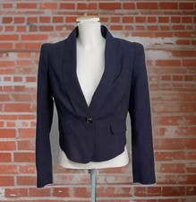 GHARANI STROK Designer Linen Mix Pinstripe Navy Blue Blazer 12 14