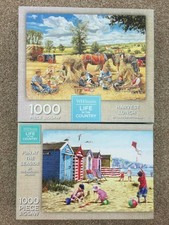 FUN AT THE SEASIDE & HARVEST LUNCH 2 X 1000 PIECE JIGSAW PUZZLES GC