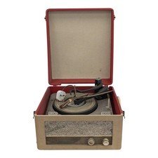Vintage AMPLION Portable Record Player Retro Turntable Red Beige Valve Amp - O06