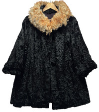 Vintage 60s Gilmoora Black Faux Fur Swing Coat Blonde Collar Made in England Mod