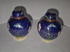 Vintage Cloisonné Enamel Ginger Jars (PAIR) Blue Enamel Fine Wire Work (2" Tall)