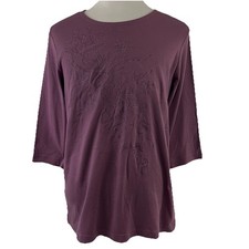 Blair Floral Embroidered Front 3/4 Sleeve Top Purple Size Large New 9513