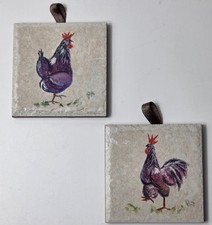  Two Hand Painted Chicken/Cockerell Hanging Tiles By Pamela Arrand, 3" x 3" VGC