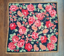 Vintage Lightweight Wool Floral Square Scarf Red Black Green Peony Boho Winter