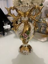 Italian Rococo Two Handled Large Vase Gold/ White Porcelain Made In Italy