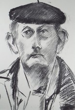 Original Conte Sketch,'Study of a Man in a Beret', Hugh Tasker, circa 1990's