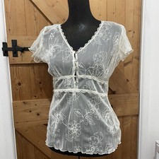 Vintage Y2K Lace Mesh Shirt Blouse Top 2000’s BABY DOLL Off White UK 12 Floral