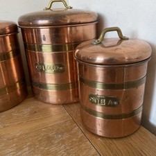 Antique Set 4 Vintage Copper Storage canisters Flour Tea Coffee Sugar kitchen 