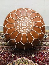 Moroccan Natural Real Round Footstool Leather Ottoman Pouf Handmade Boho Pouff
