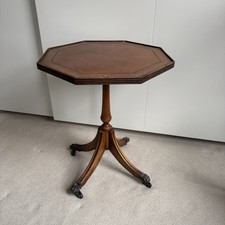 Vintage Regency-Style Octagonal Side Table On A Pedestal Base Leather Top