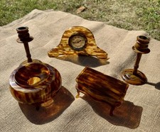 Vintage Faux Tortoiseshell Mantel Clock Garniture Set, Made In UK Art Deco Style