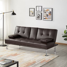Modern Faux Leather Futon Sofa Bed with Cupholders & Pillows Espresso Fast Ship