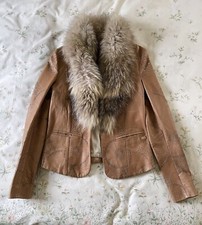 Vintage 7 For All Mankind Lasercut Tan Leather Jacket Blazer Fox? Fur Collar S