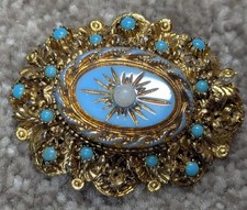 Vintage Sphinx Brooch Gold Tone Blue Enamel Starburst Victorian Style