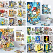 Pokemon Pikachu Waterproof Shower Curtain Bathroom Mat Rug Toilet Cover Mat Lid