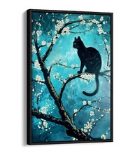 CAT SILHOUETTE TREE VAN GOGH STYLE FLOAT EFFECT FRAMED CANVAS ART PICTURE PRINT