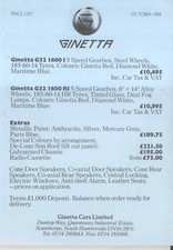 Ginetta Price List 1988 G32 G32 1600 RI plus extras