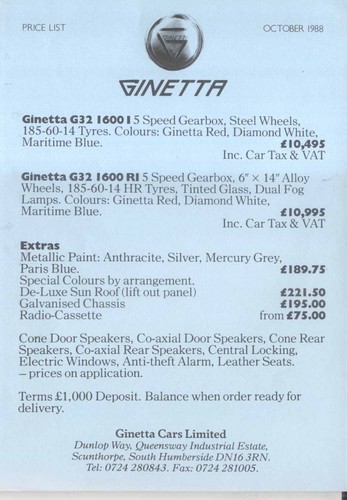 Ginetta price list 1988 g32 - price,