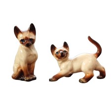 Pair Vintage Siamese Cat Figurines - Hand‑Painted Miniature Kittens Brown Cream