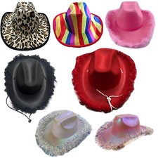 Women Felt Cowboy Hat Fluffy Feather Trim & Tinsel Trim Cowgirl Hats Fancy Dress